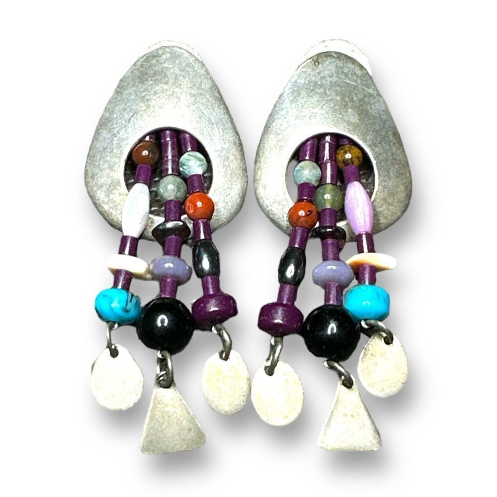 Sterling Silver Multi Beaded Stone Dangle Earrings Marked Sterling Christin Woli